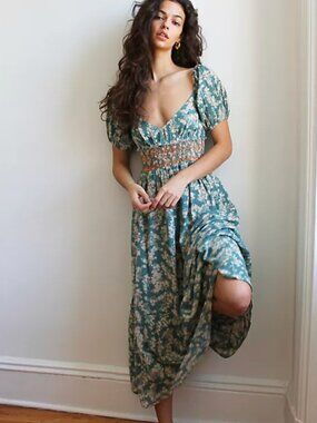 Free People Ellie Printed Maxi Dress Boho Floral Puff Sleeve Smocked Waist Small